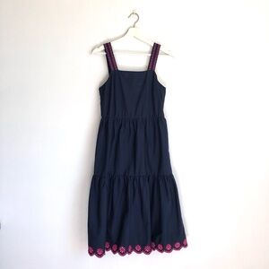 J. Crew Factory Navy Blue / Hot Pink Floral Eyelet Poplin Tiered Midi Dress Sz 0